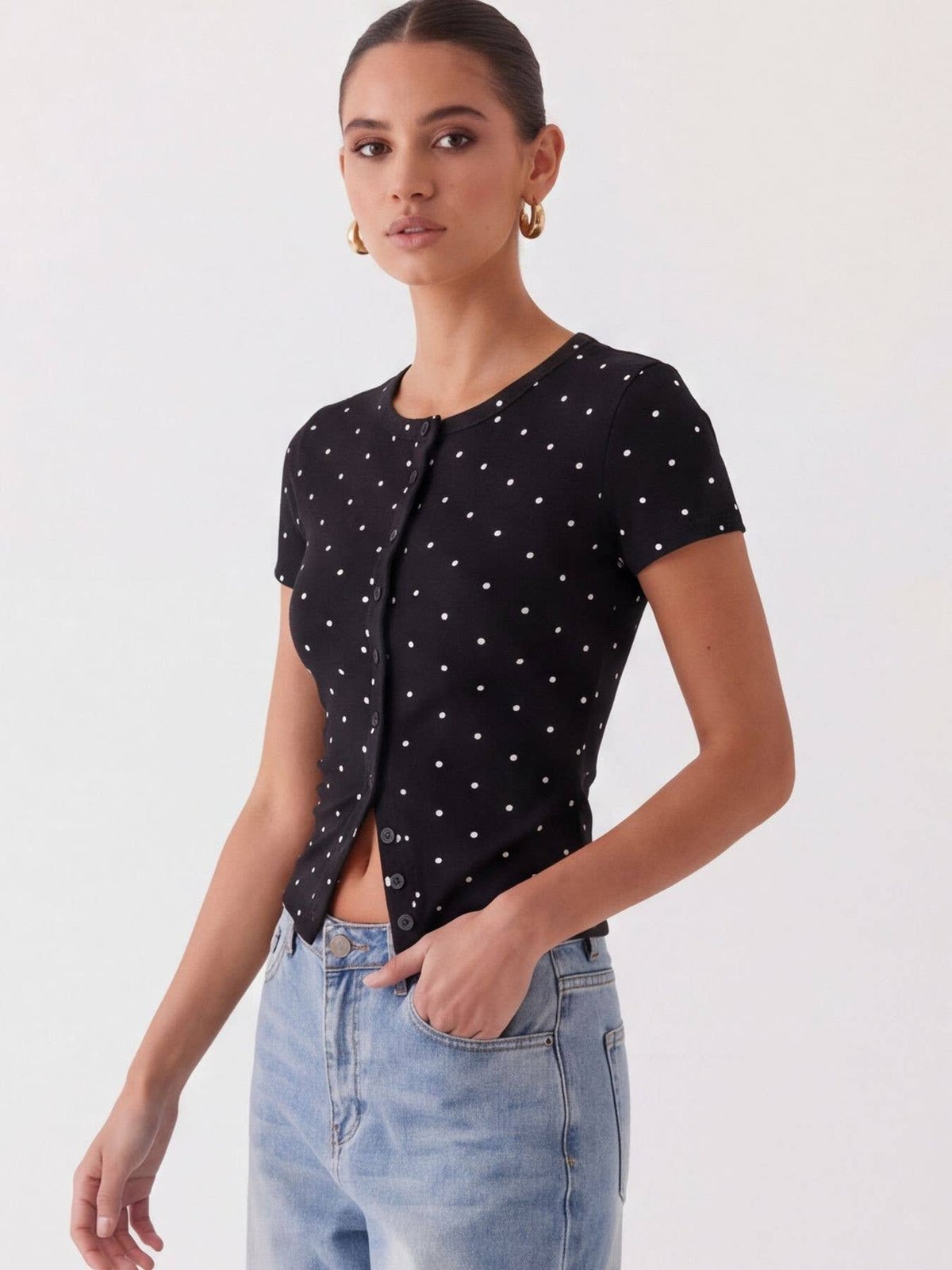 Ribbed Polka Dot Fitted Short Sleeve T-Shirt: Black