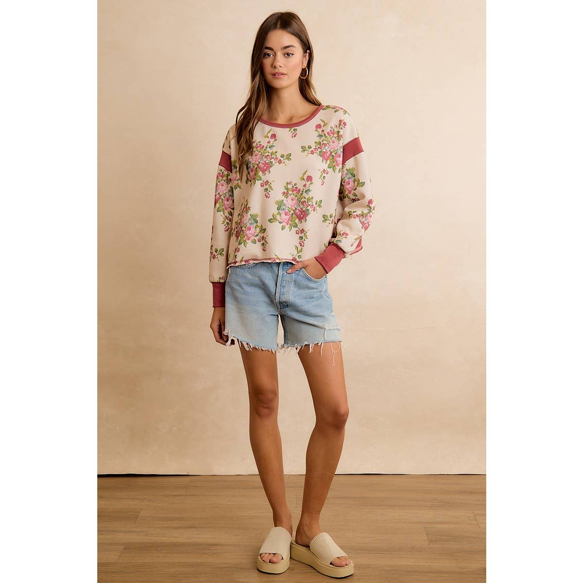 FLORAL BRUSHED TERRY OPEN BACK LONG SLEEVE