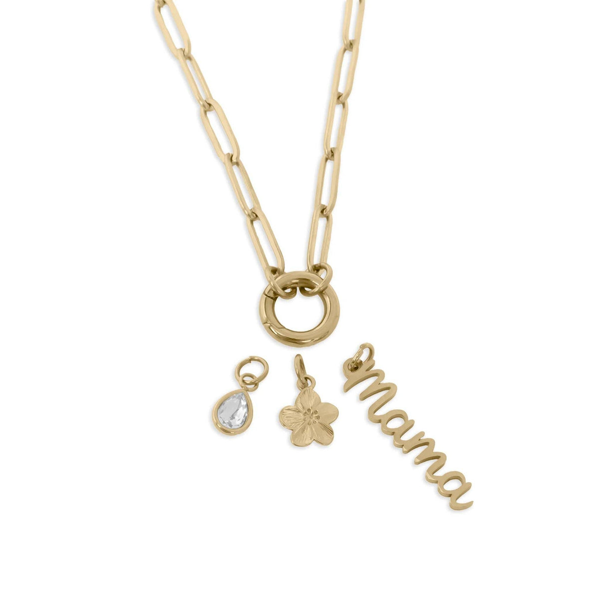 18K Gold Stainless Steel Mama Charm Holder Necklace Gift Set: Gold