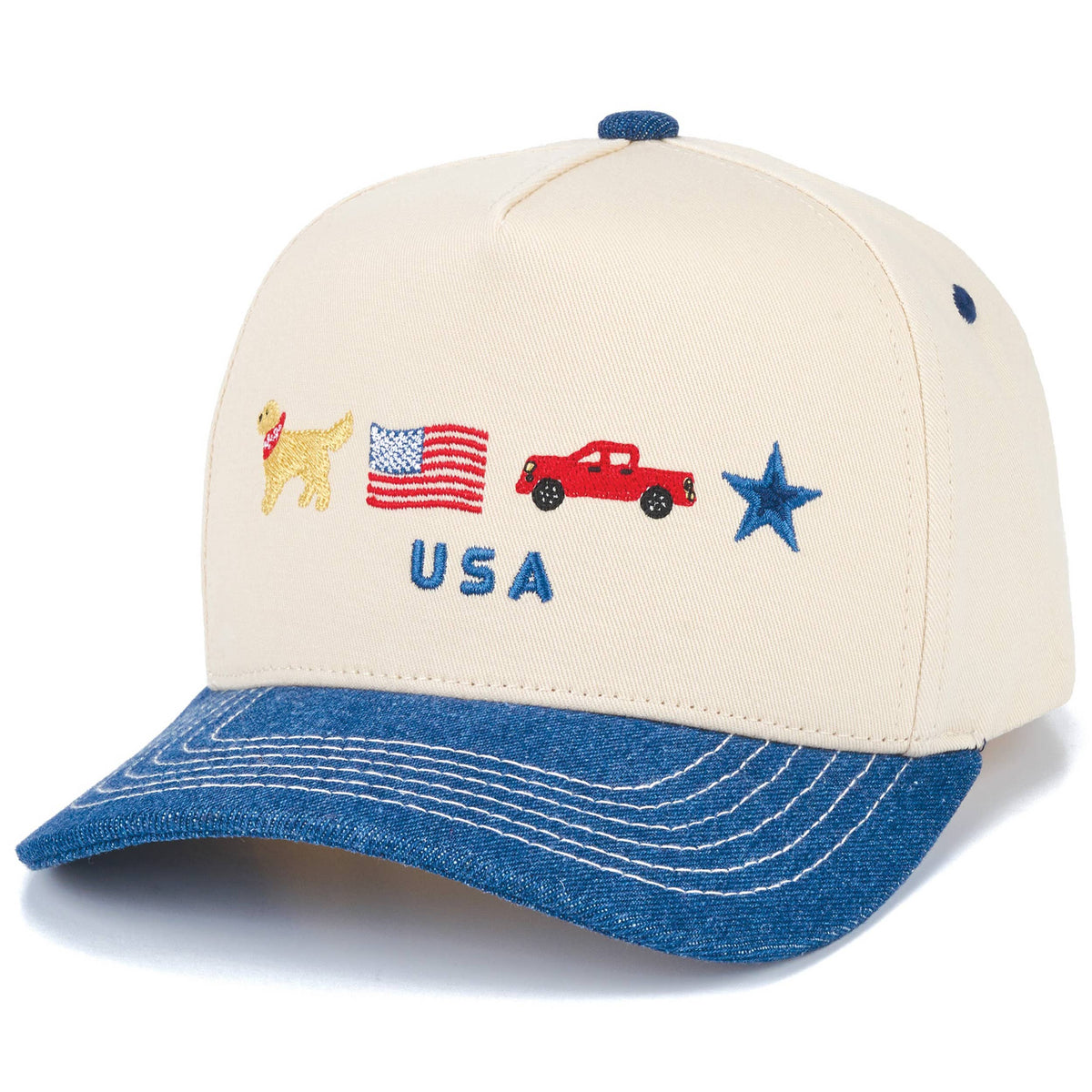 C.C USA Letter with Icon Embroidered on Two Tone Trucker Hat: Dark Denim