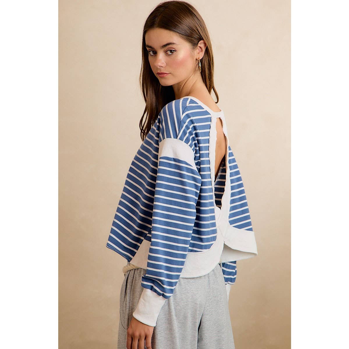 STRIPE OPEN BACK LONG SLEEVES TOP: HUNTER/IVORY