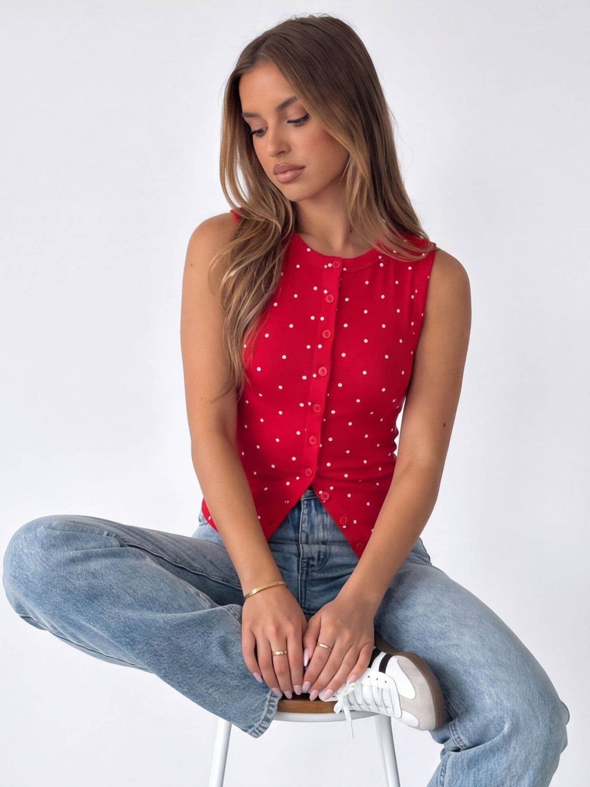 Polka Dot Ribbed Slim Fit Tank Top: Red