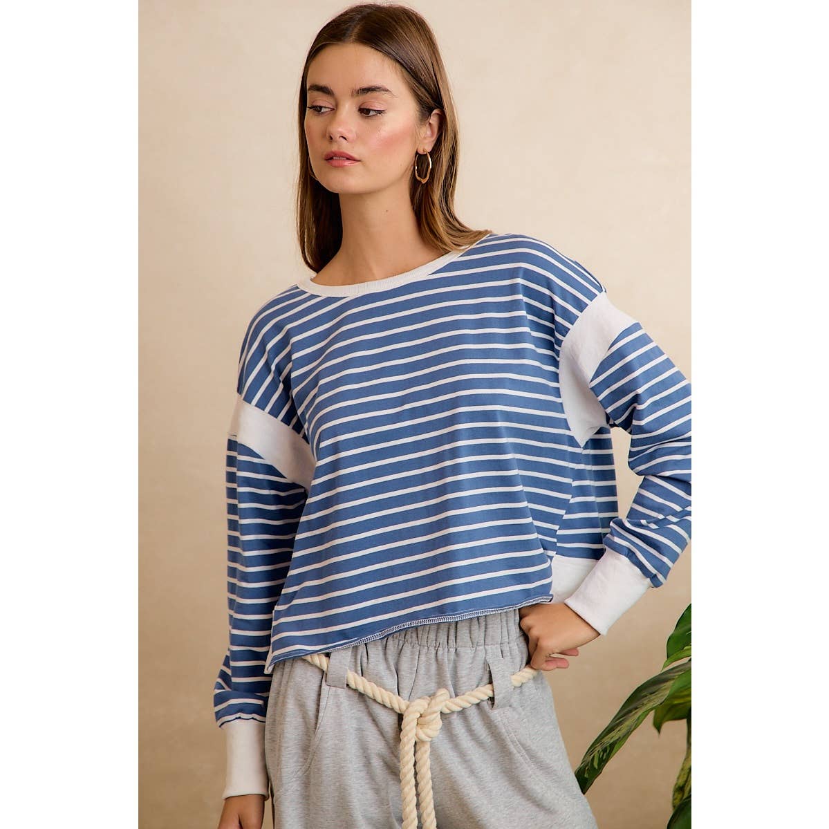 STRIPE OPEN BACK LONG SLEEVES TOP: HUNTER/IVORY