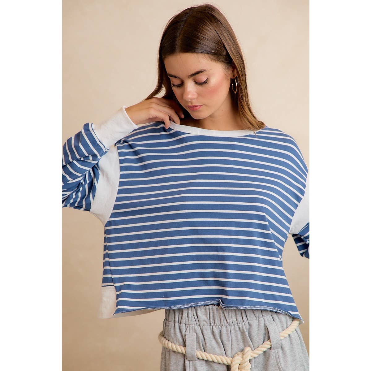 STRIPE OPEN BACK LONG SLEEVES TOP: HUNTER/IVORY