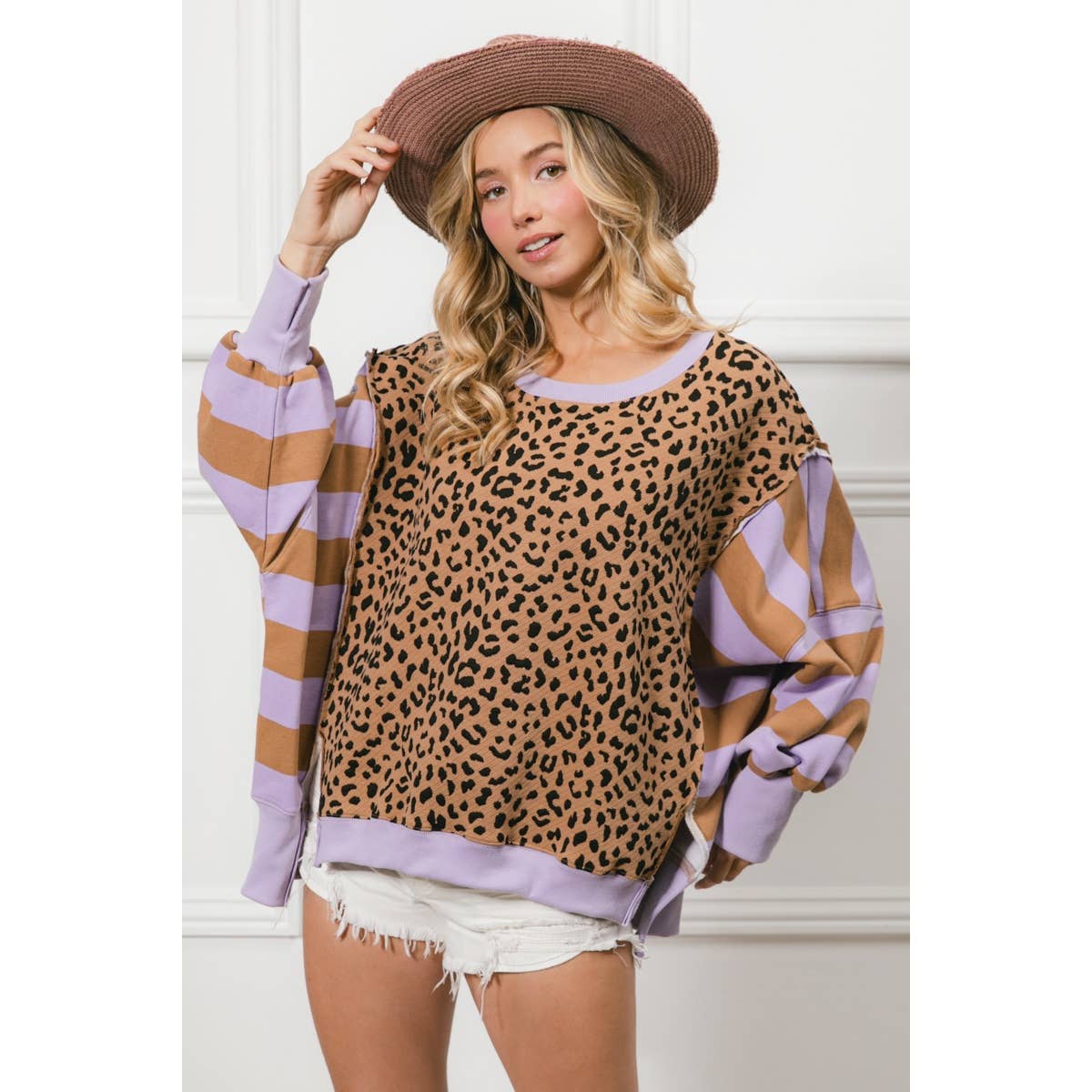LEOPARD AND STRIPE MIXED TOP: CAMEL