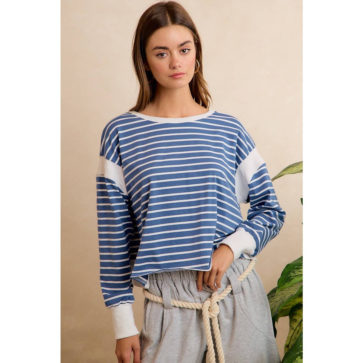STRIPE OPEN BACK LONG SLEEVES TOP: HUNTER/IVORY