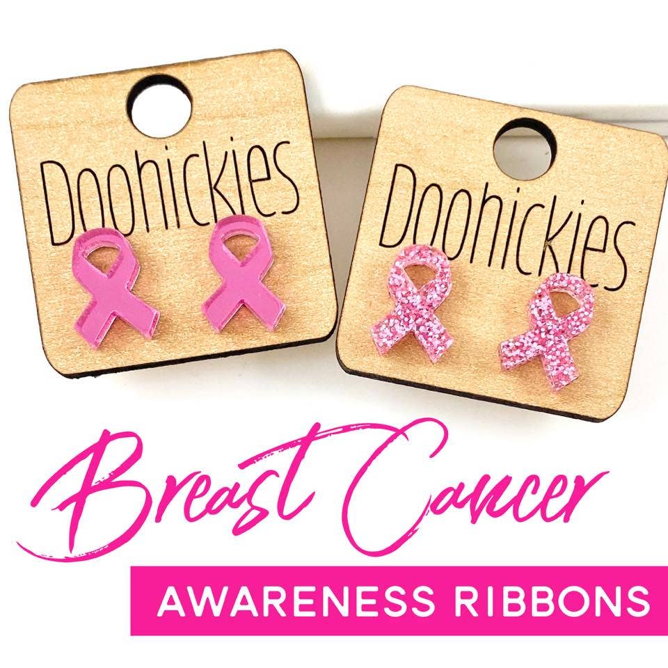 15mm Breast Cancer Awareness Acrylic Ribbon Studs - Awareness Earrings: Mirror Pink