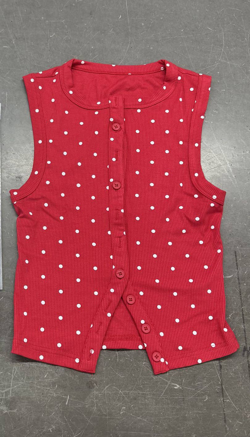 Polka Dot Ribbed Slim Fit Tank Top: Red