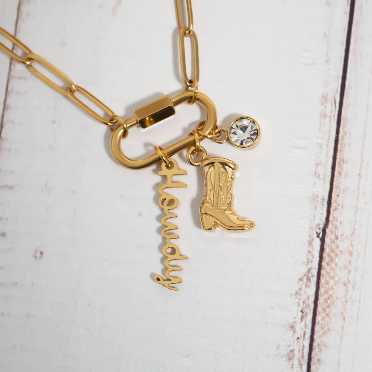 18K Gold PVD Stainless Steel Western Carabiner Necklace: Stainless