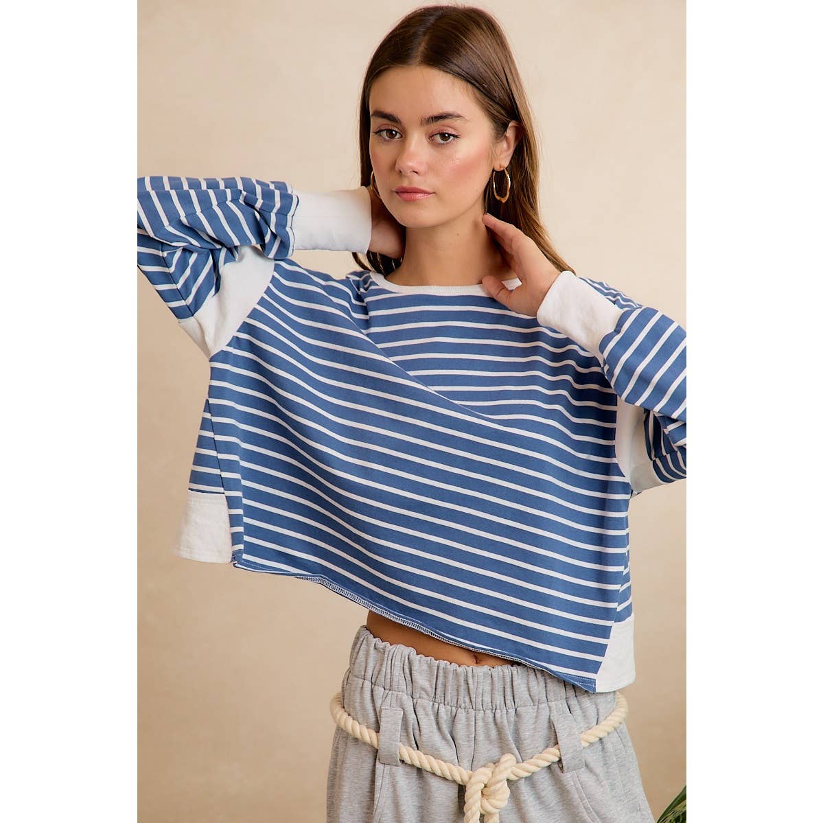 STRIPE OPEN BACK LONG SLEEVES TOP: HUNTER/IVORY