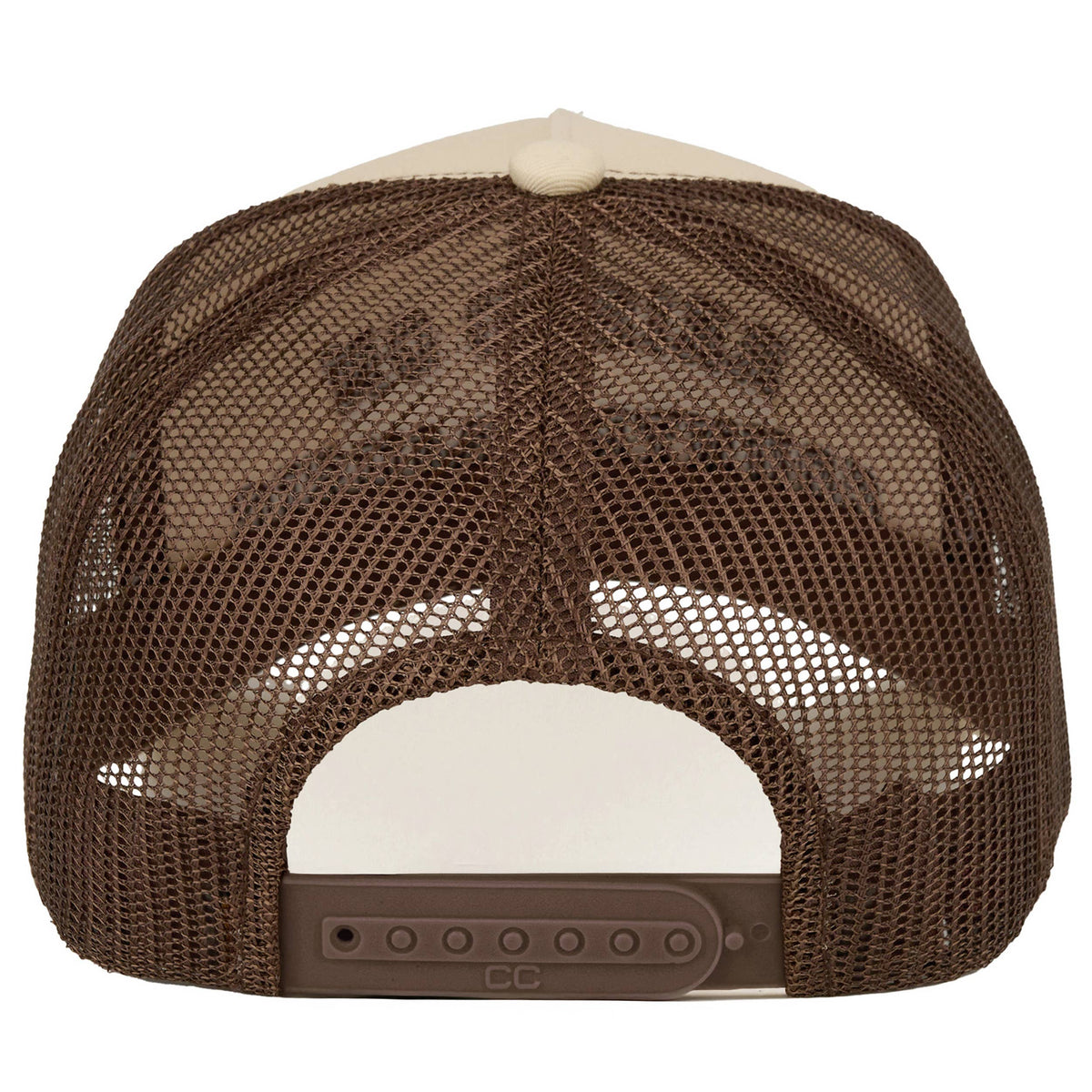 C.C RAISED ON COUNTRY MUSIC Letter on Two Tone Trucker Hat: Cream/Cream/Brown