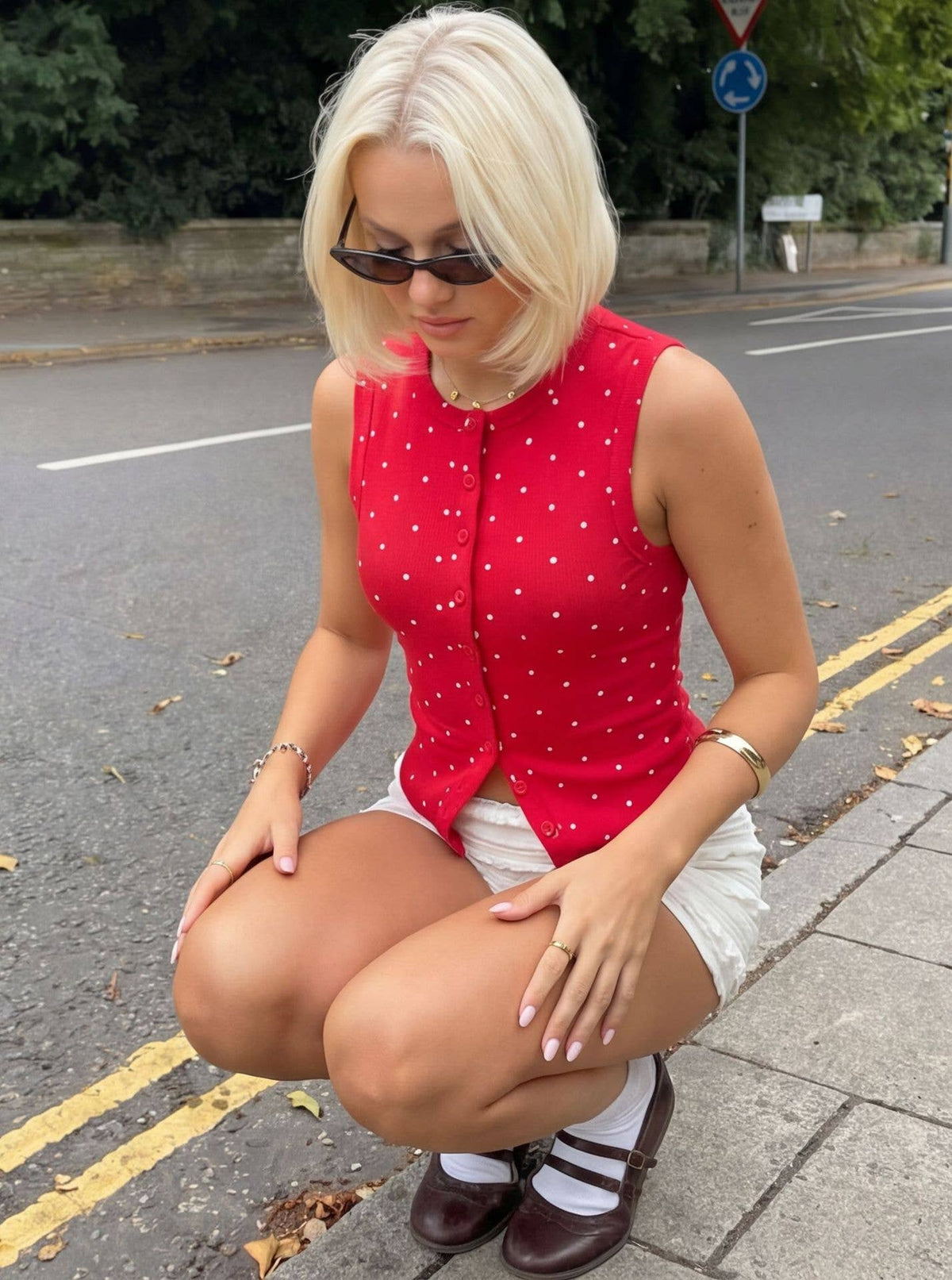 Polka Dot Ribbed Slim Fit Tank Top: Red