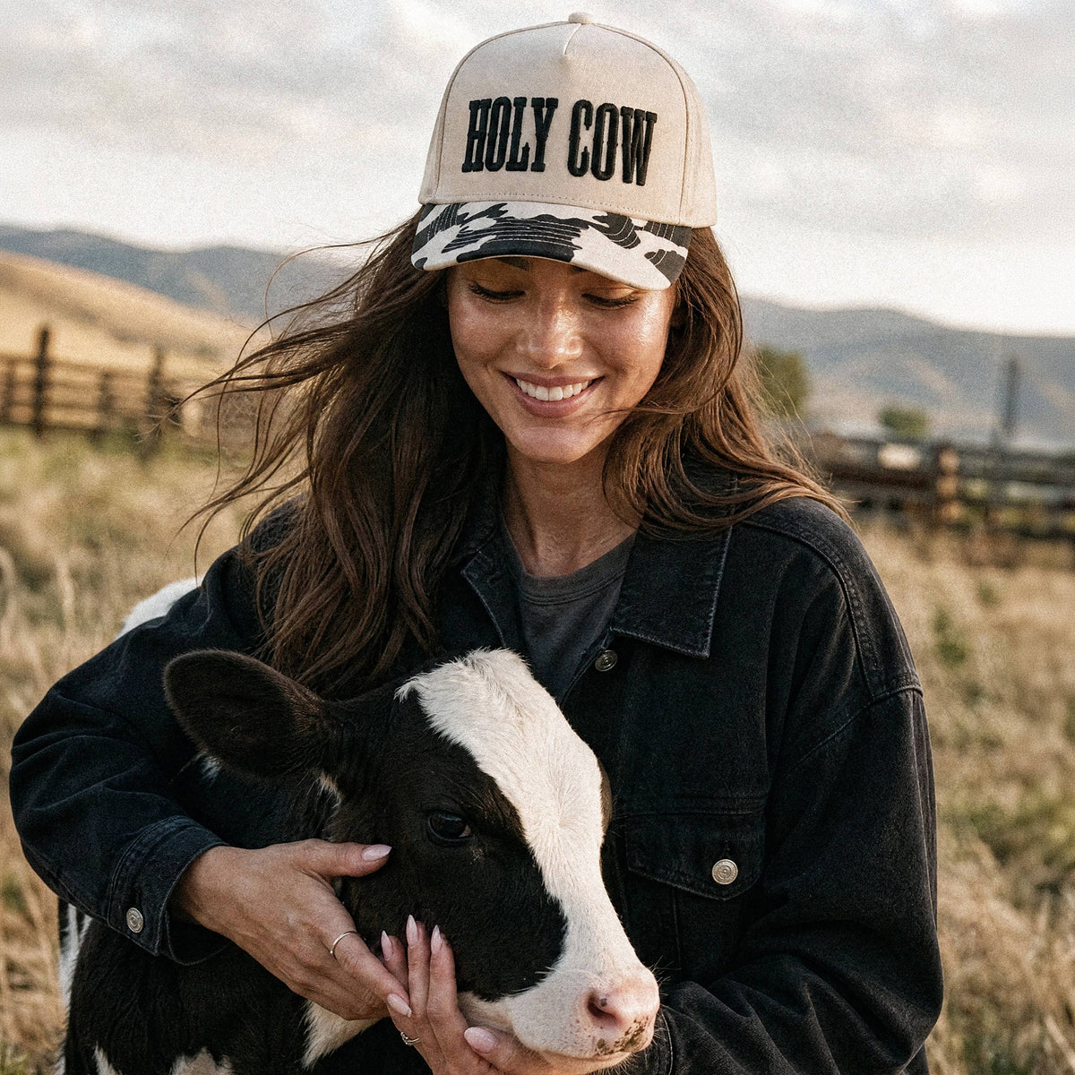 C.C HOLY COW Letter Embroidered Two Tone Trucker Hat: Black