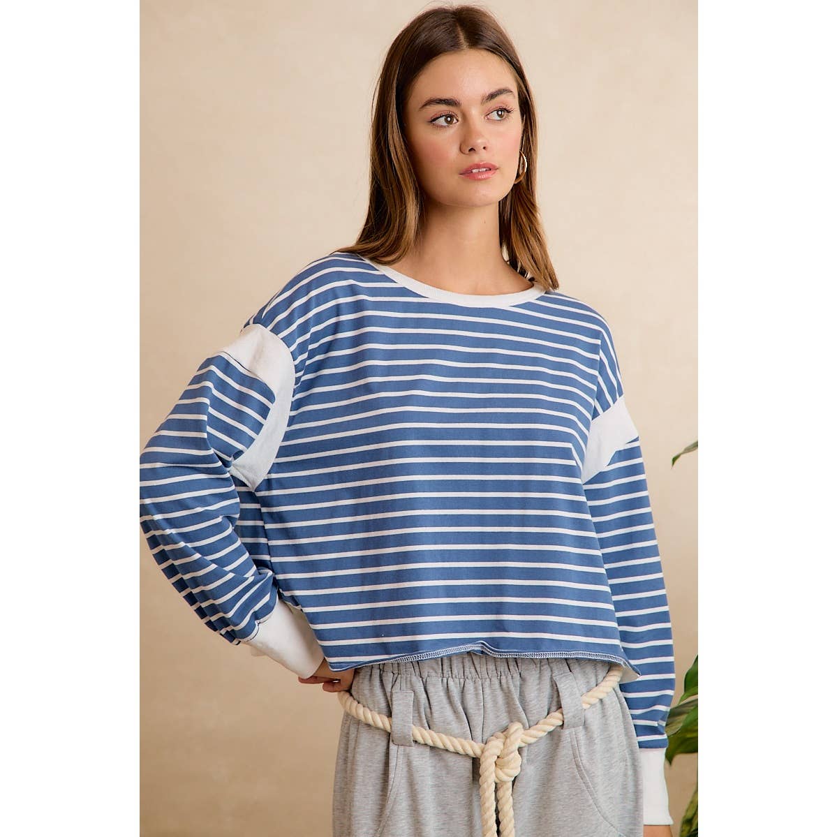 STRIPE OPEN BACK LONG SLEEVES TOP: HUNTER/IVORY