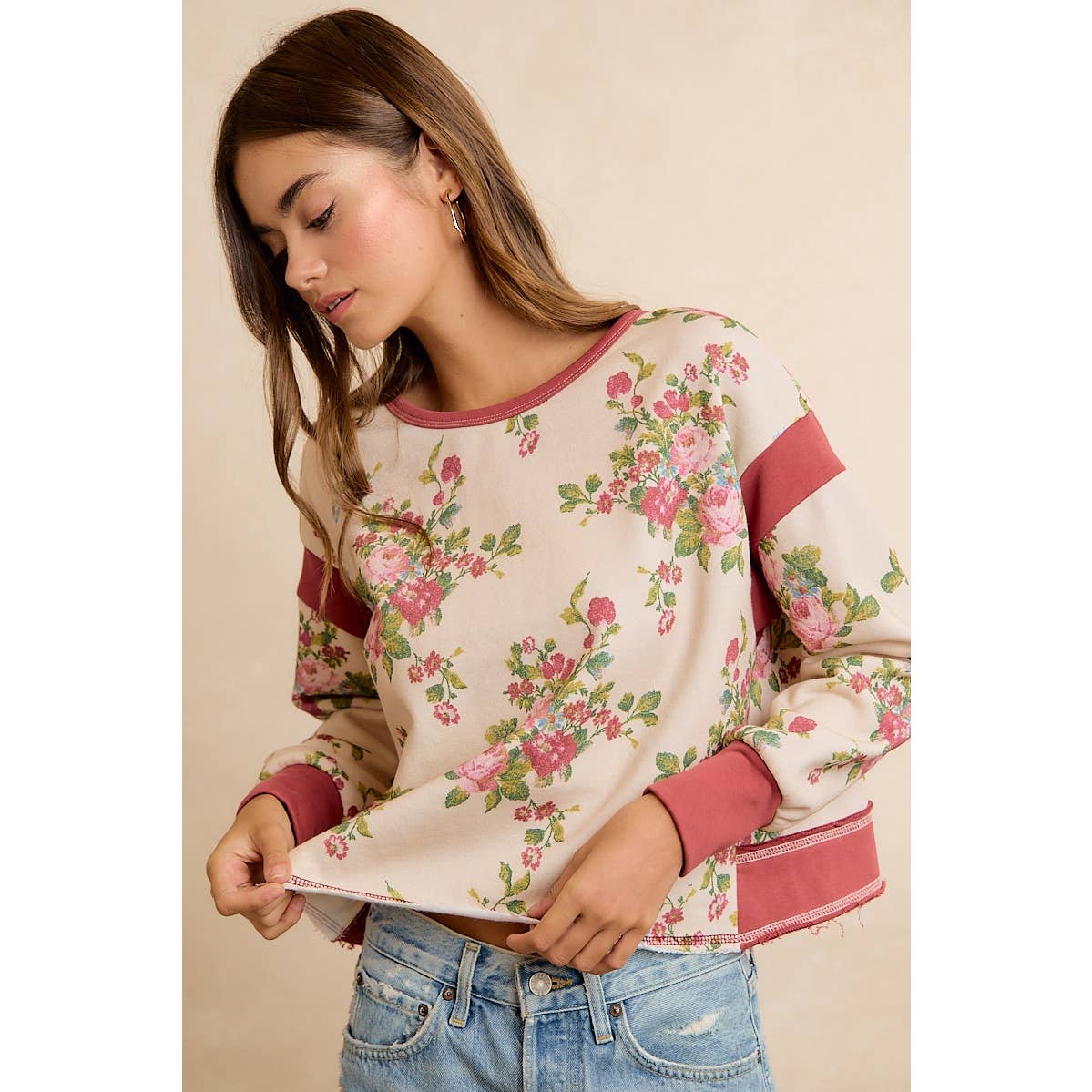 FLORAL BRUSHED TERRY OPEN BACK LONG SLEEVE