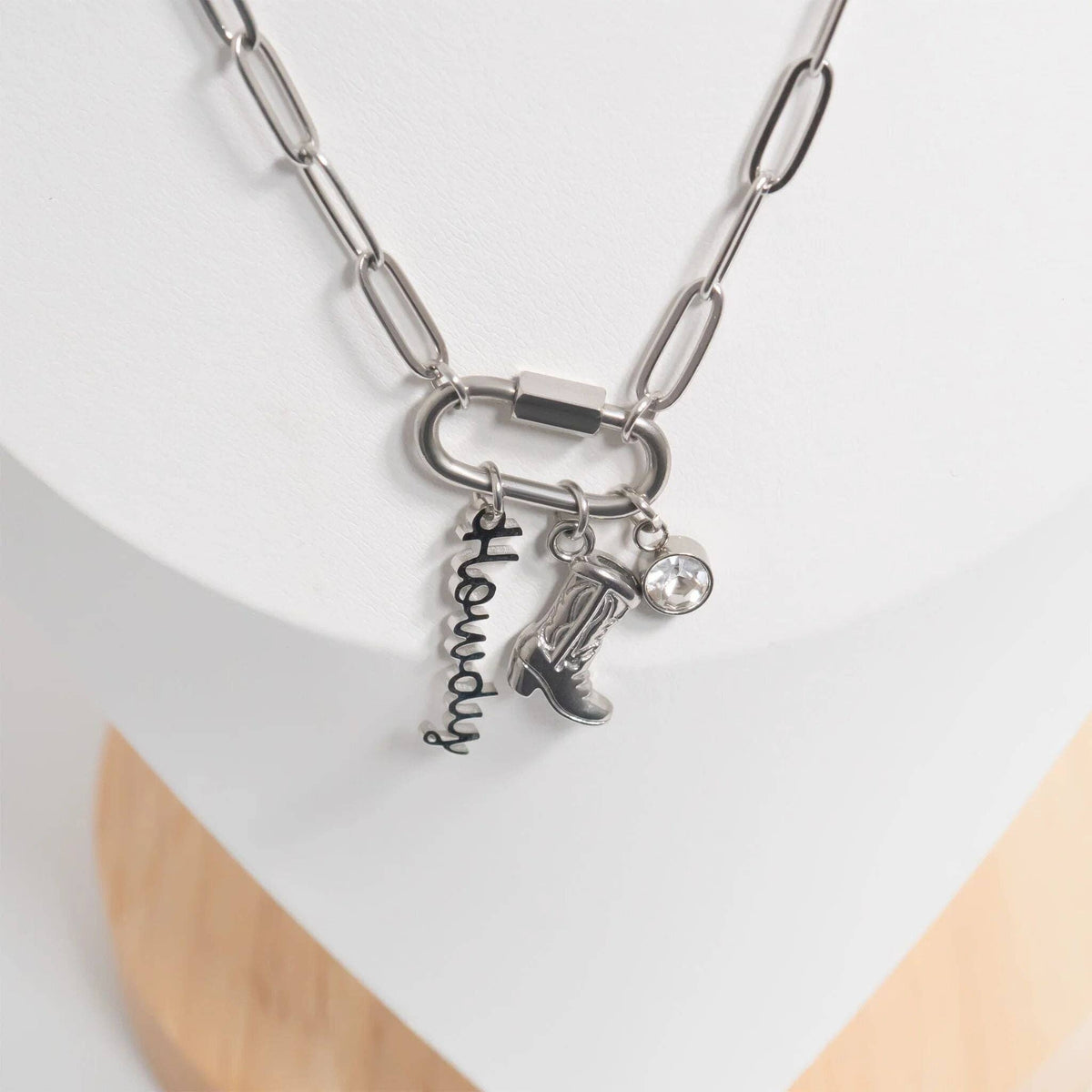 18K Gold PVD Stainless Steel Western Carabiner Necklace: Stainless