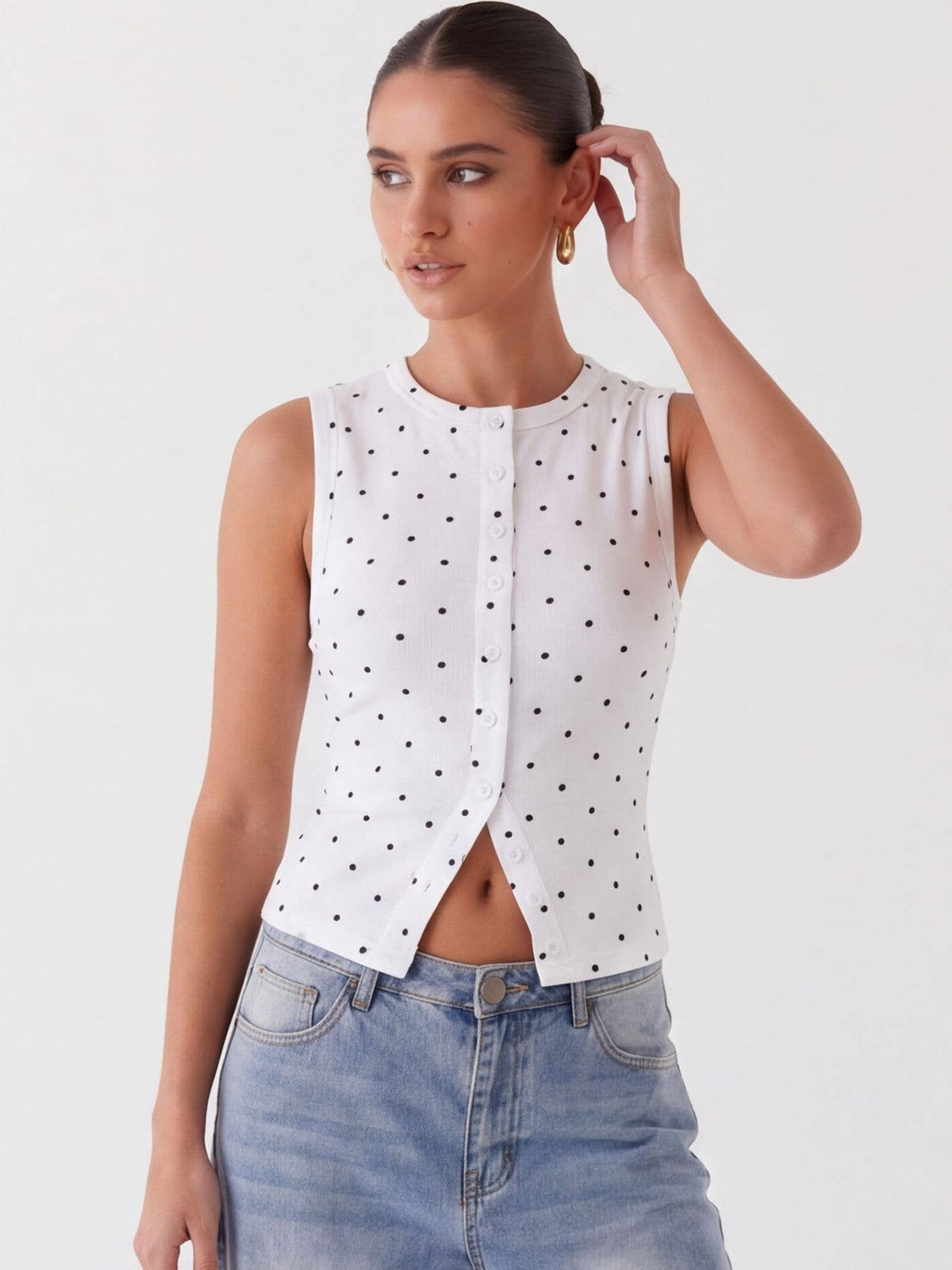 Polka Dot Ribbed Slim Fit Tank Top: White