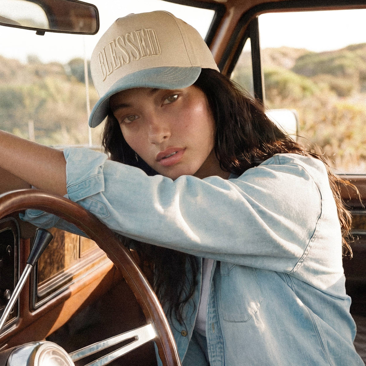 C.C BLESSED Letter Embroidered Two Tone Trucker Cap: Denim