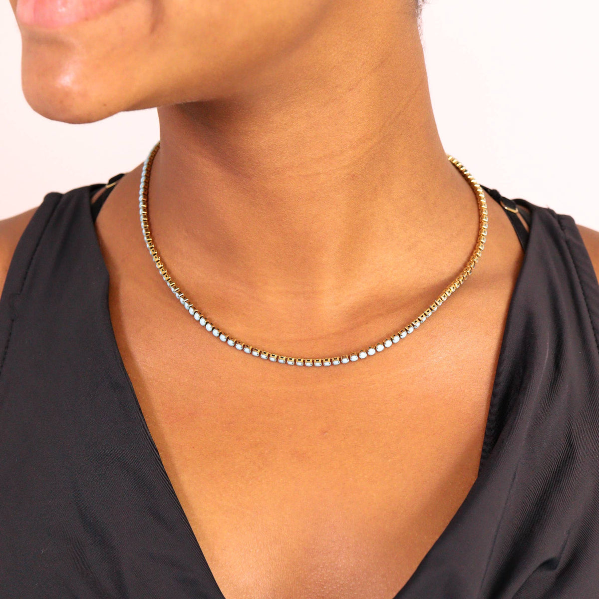 18k Gold Turquoise Rhinestone Tennis Chain Necklace: 16"+2" / 3mm