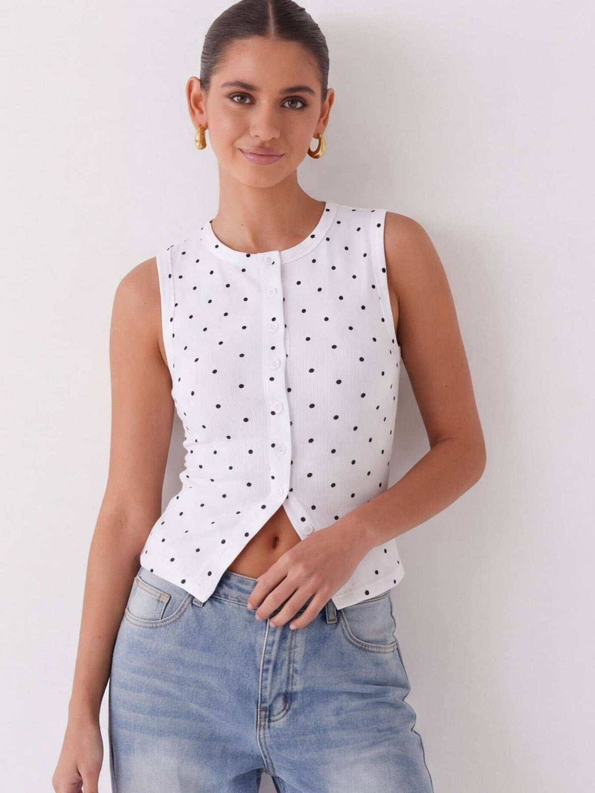 Polka Dot Ribbed Slim Fit Tank Top: Red