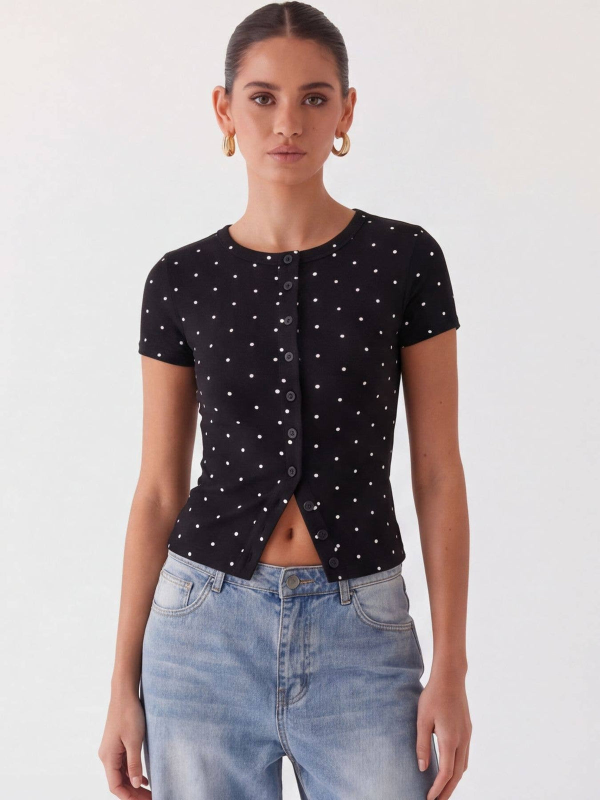 Ribbed Polka Dot Fitted Short Sleeve T-Shirt: Black