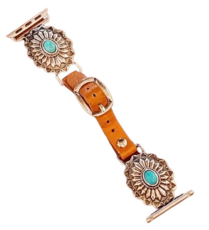 Western Concho Silver Flower with Turquoise Gemstone Apple Watch Bands 38/40