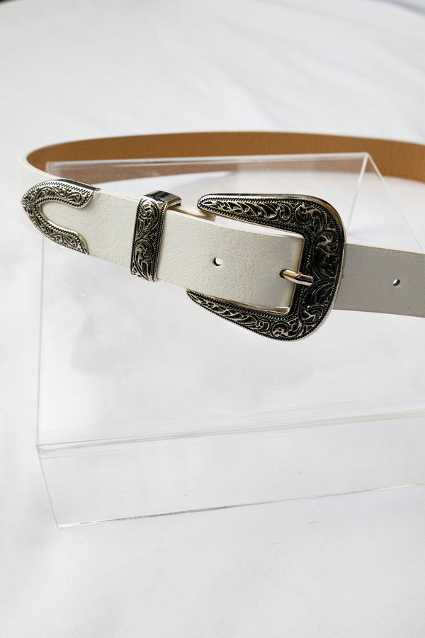 White Double Buckle Western Belt - Front Porch Boutique, LLC.