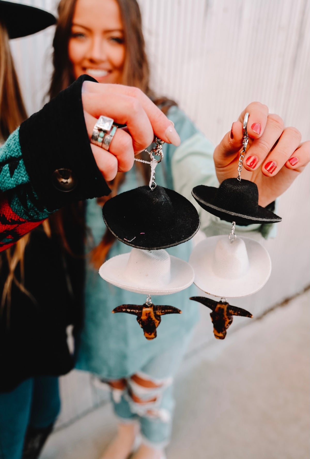Combo Black &amp; Stone Cowboy Hat Rearview Mirror Charm AND Keychain