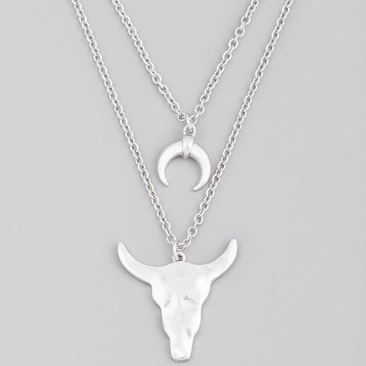 Silver Layered Chain Bull Head Pendant Necklace